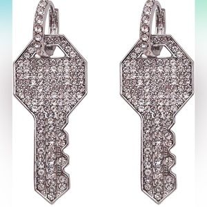 NWT! Iced Out Dangle Hoop Earrings Cubic Zirc Lock Key Ca